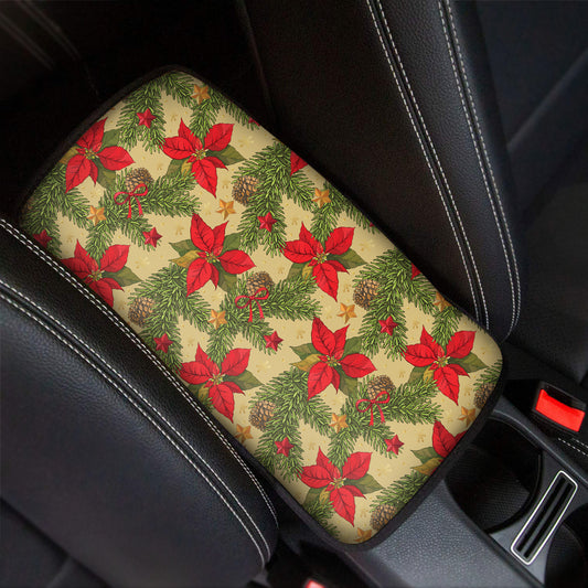 Vintage Christmas Poinsettia Print Car Center Console Cover
