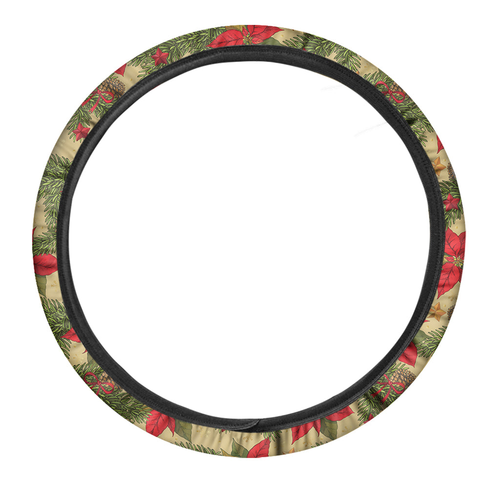 Vintage Christmas Poinsettia Print Car Steering Wheel Cover