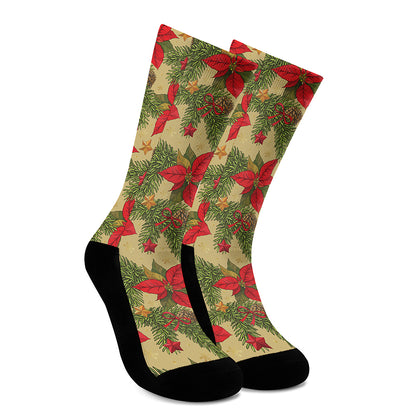 Vintage Christmas Poinsettia Print Crew Socks