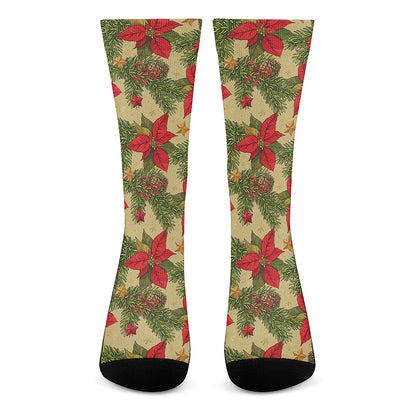 Vintage Christmas Poinsettia Print Crew Socks