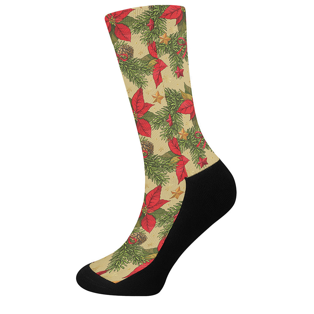 Vintage Christmas Poinsettia Print Crew Socks