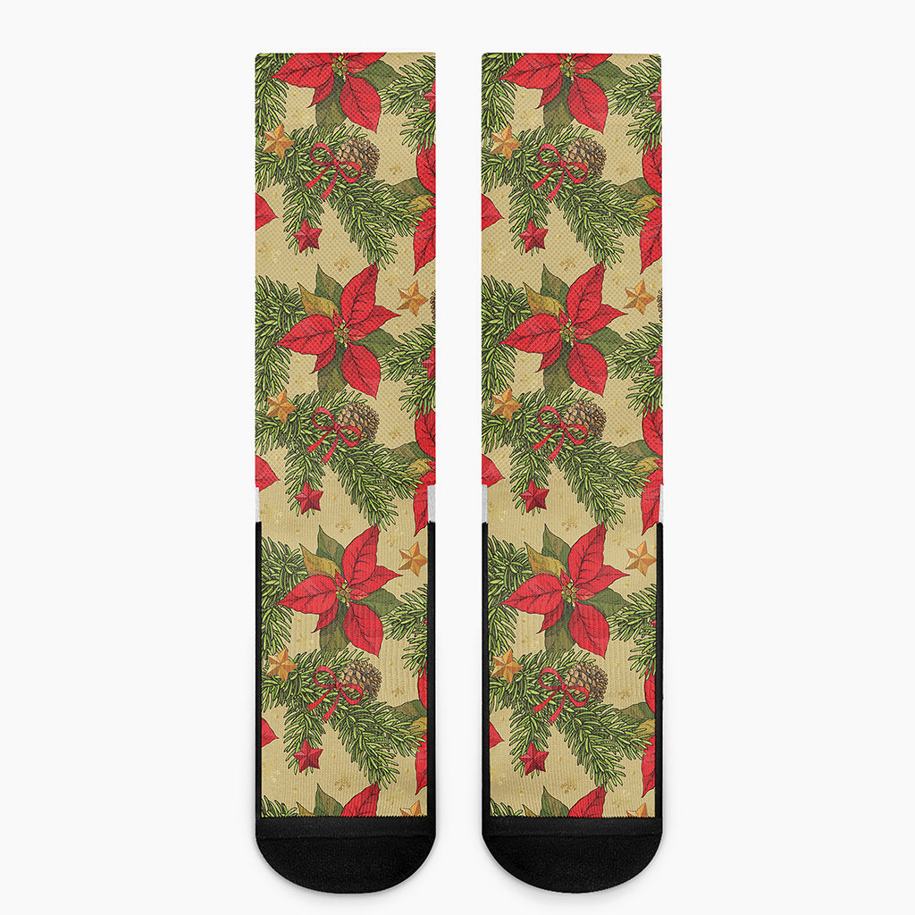 Vintage Christmas Poinsettia Print Crew Socks