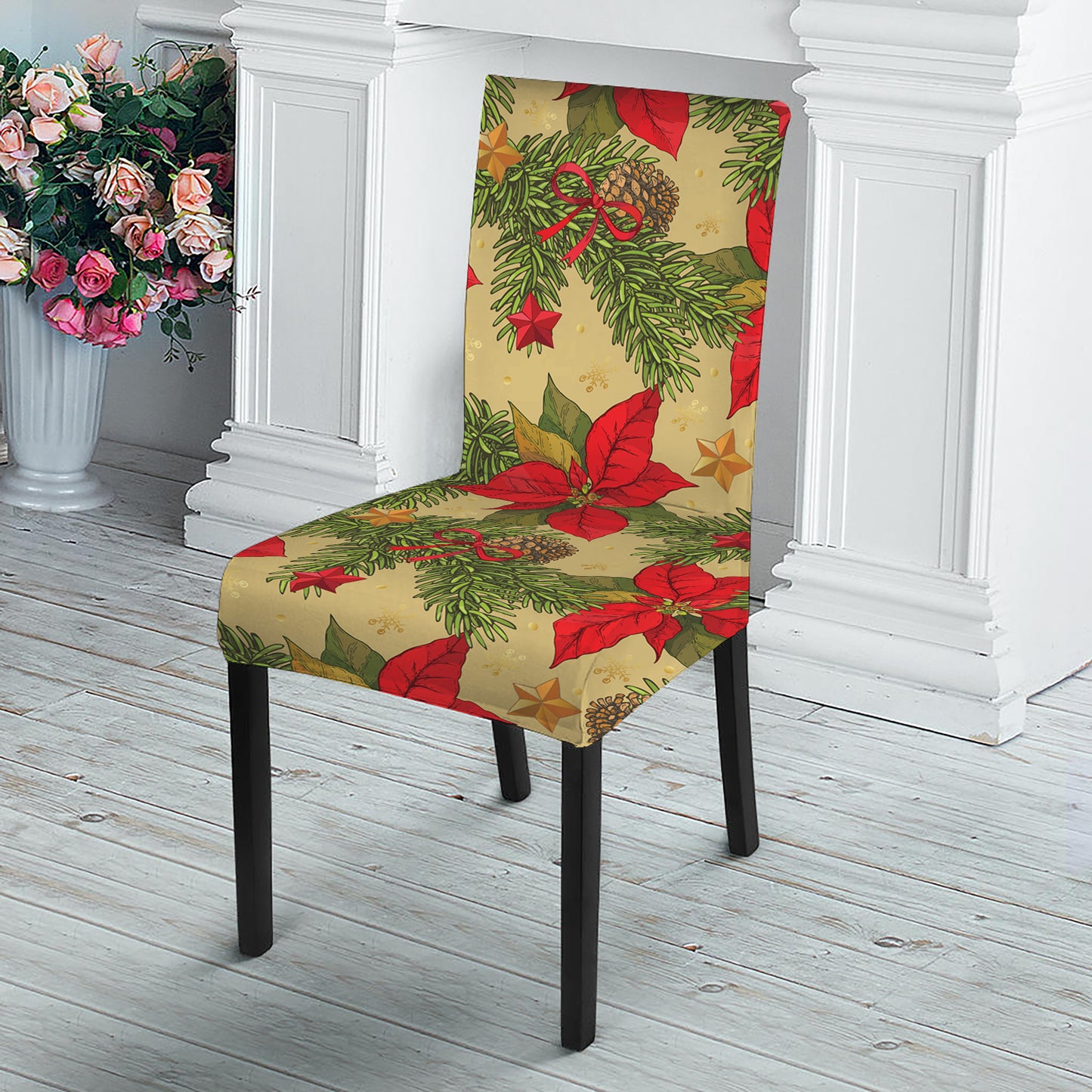 Vintage Christmas Poinsettia Print Dining Chair Slipcover