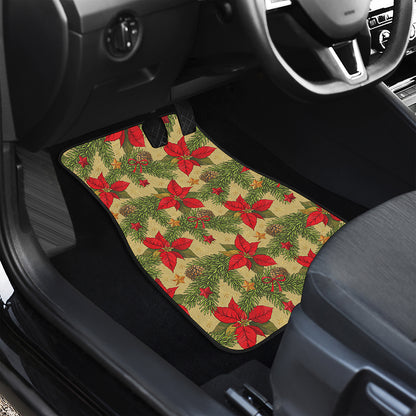 Vintage Christmas Poinsettia Print Front and Back Car Floor Mats