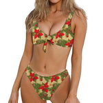 Vintage Christmas Poinsettia Print Front Bow Tie Bikini