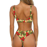 Vintage Christmas Poinsettia Print Front Bow Tie Bikini