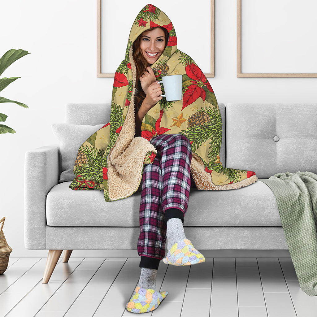 Vintage Christmas Poinsettia Print Hooded Blanket