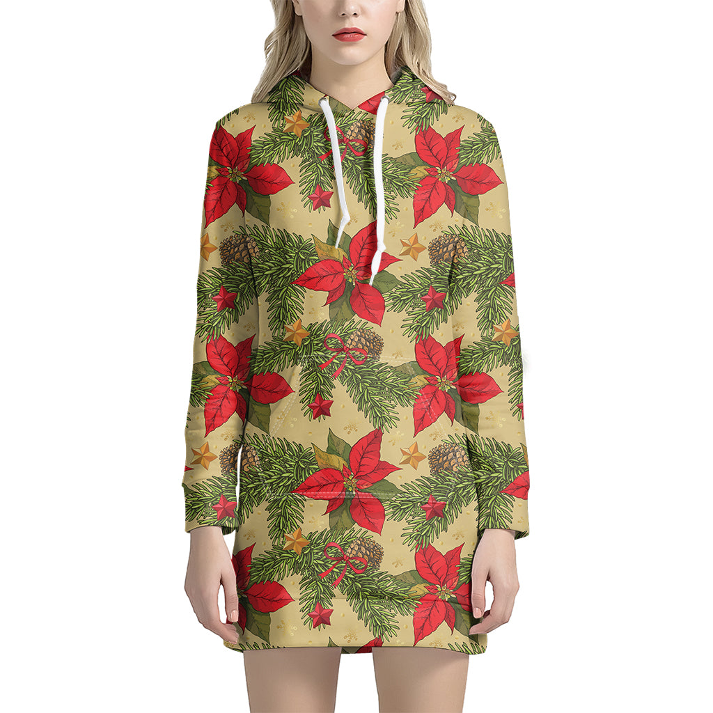 Vintage Christmas Poinsettia Print Hoodie Dress