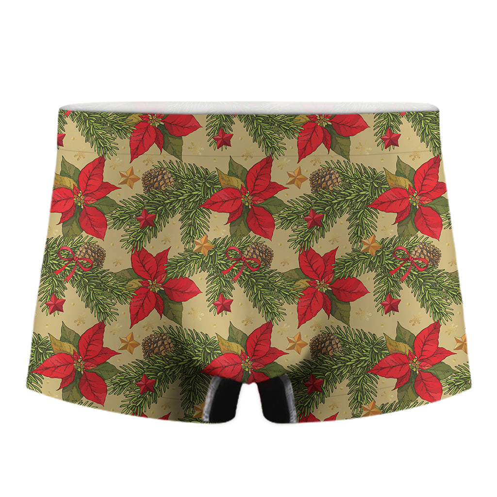 Vintage Christmas Poinsettia Print Men's Boxer Briefs