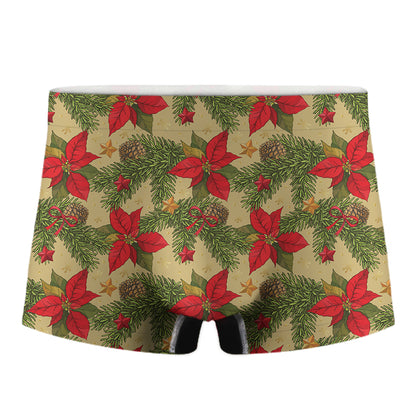 Vintage Christmas Poinsettia Print Men's Boxer Briefs