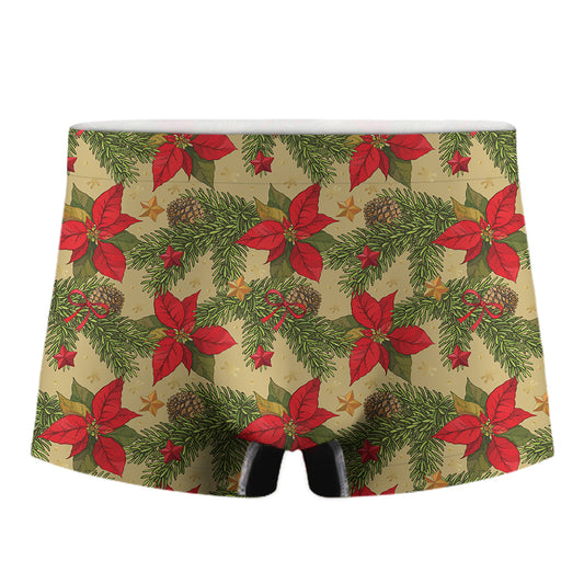 Vintage Christmas Poinsettia Print Men's Boxer Briefs