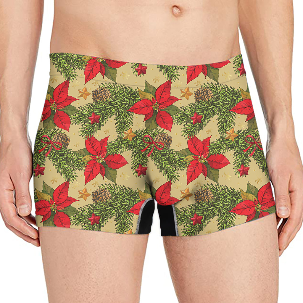 Vintage Christmas Poinsettia Print Men's Boxer Briefs