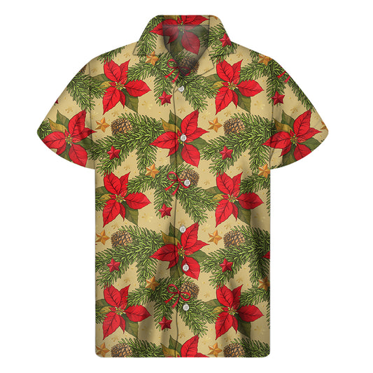 Vintage Christmas Poinsettia Print Men's Short Sleeve Shirt