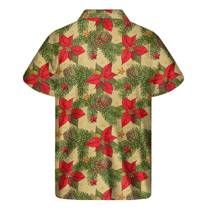Vintage Christmas Poinsettia Print Men's Short Sleeve Shirt