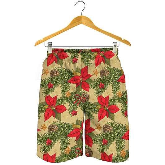 Vintage Christmas Poinsettia Print Men's Shorts