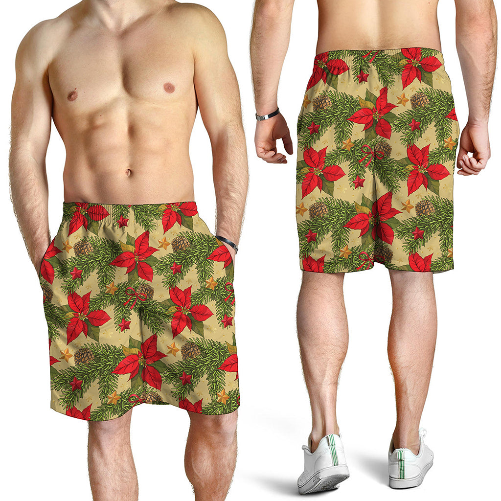 Vintage Christmas Poinsettia Print Men's Shorts
