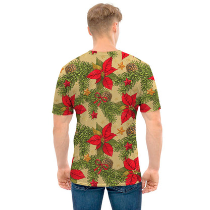 Vintage Christmas Poinsettia Print Men's T-Shirt