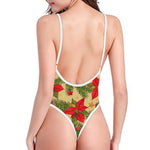 Vintage Christmas Poinsettia Print One Piece High Cut Swimsuit