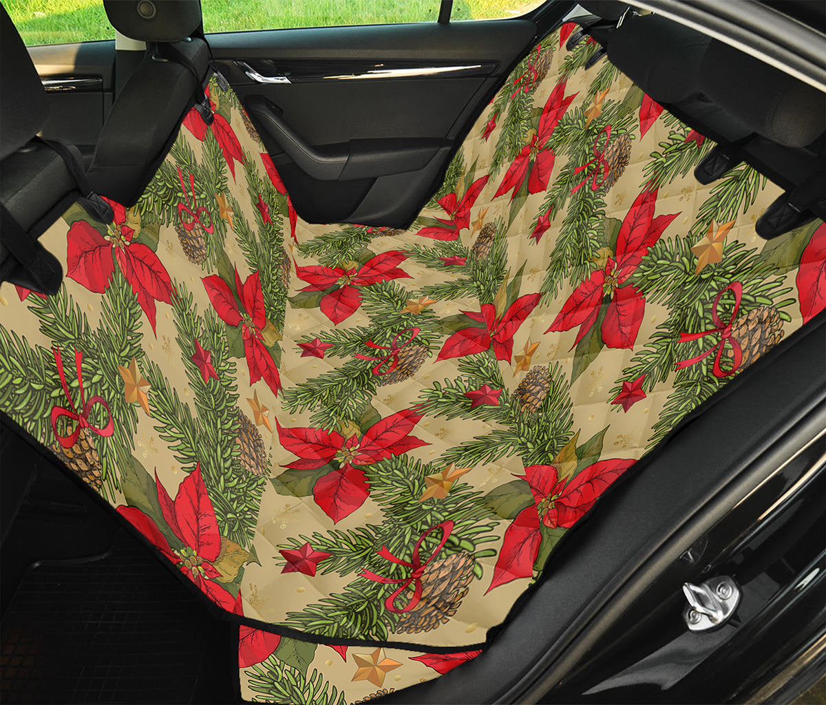 Vintage Christmas Poinsettia Print Pet Car Back Seat Cover