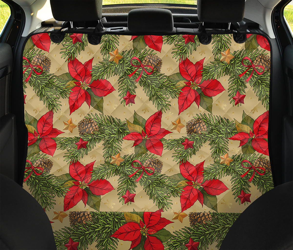 Vintage Christmas Poinsettia Print Pet Car Back Seat Cover