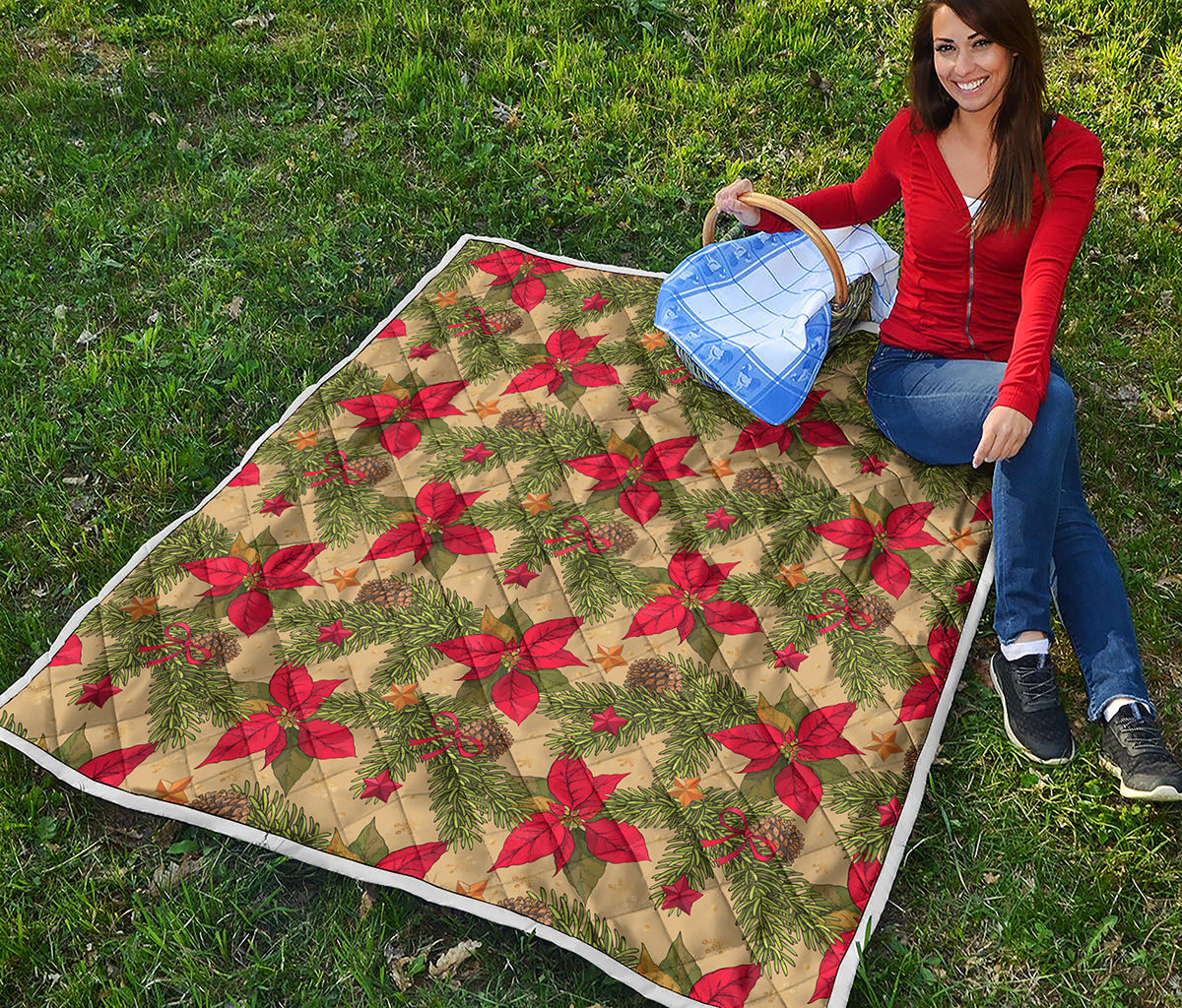 Vintage Christmas Poinsettia Print Quilt