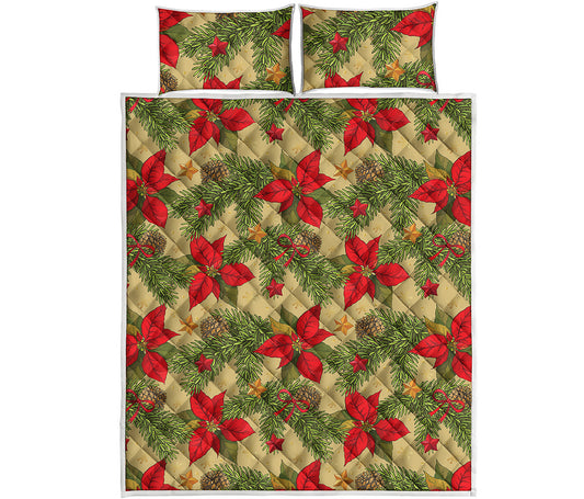 Vintage Christmas Poinsettia Print Quilt Bed Set