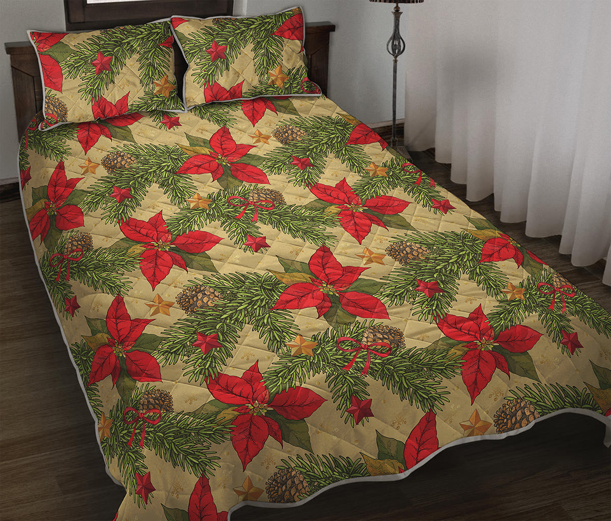 Vintage Christmas Poinsettia Print Quilt Bed Set