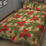 Vintage Christmas Poinsettia Print Quilt Bed Set