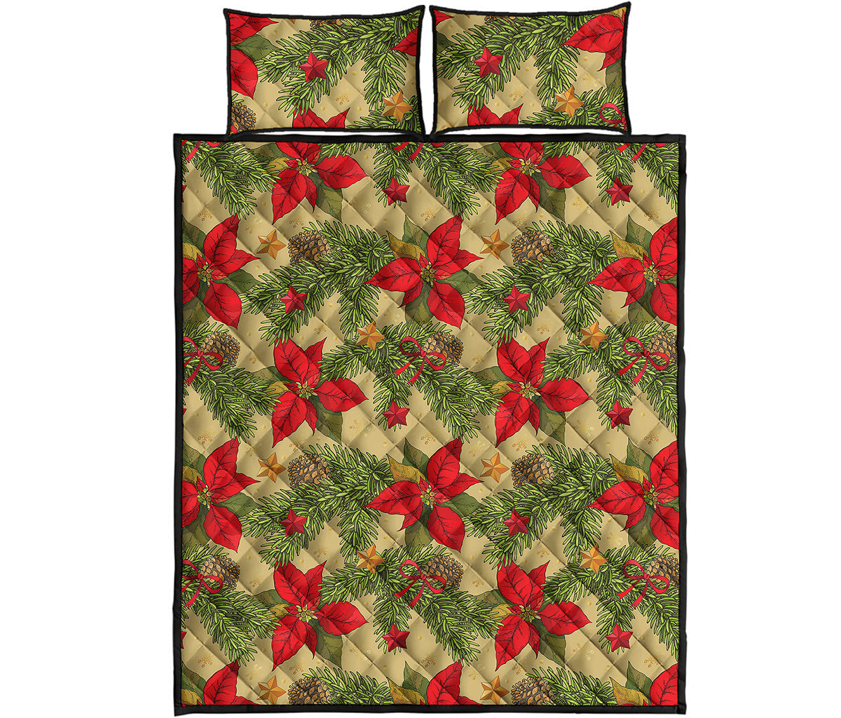 Vintage Christmas Poinsettia Print Quilt Bed Set