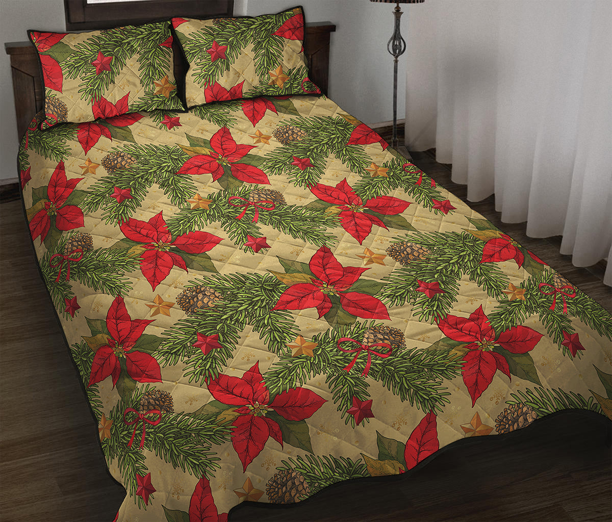 Vintage Christmas Poinsettia Print Quilt Bed Set