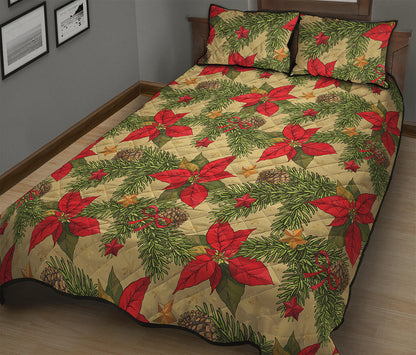 Vintage Christmas Poinsettia Print Quilt Bed Set
