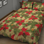 Vintage Christmas Poinsettia Print Quilt Bed Set
