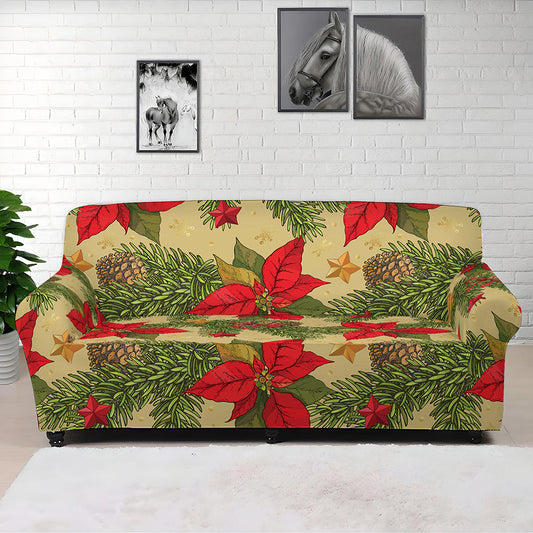 Vintage Christmas Poinsettia Print Sofa Cover