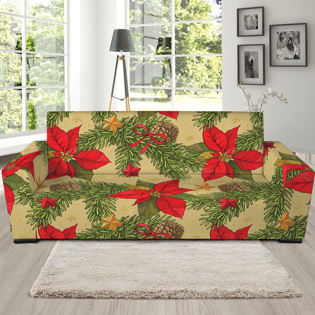 Vintage Christmas Poinsettia Print Sofa Slipcover