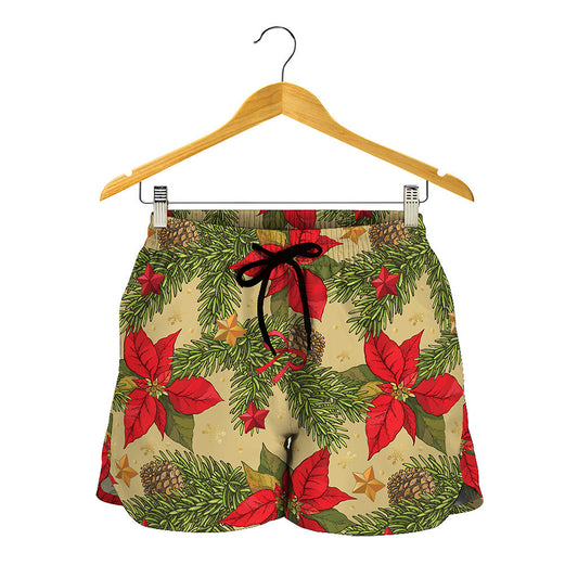 Vintage Christmas Poinsettia Print Women's Shorts