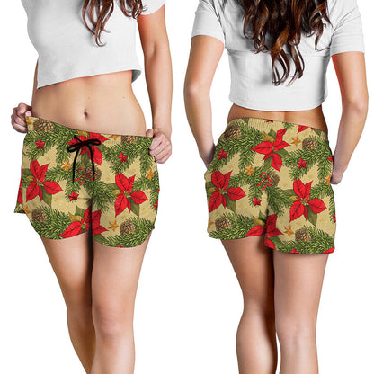 Vintage Christmas Poinsettia Print Women's Shorts