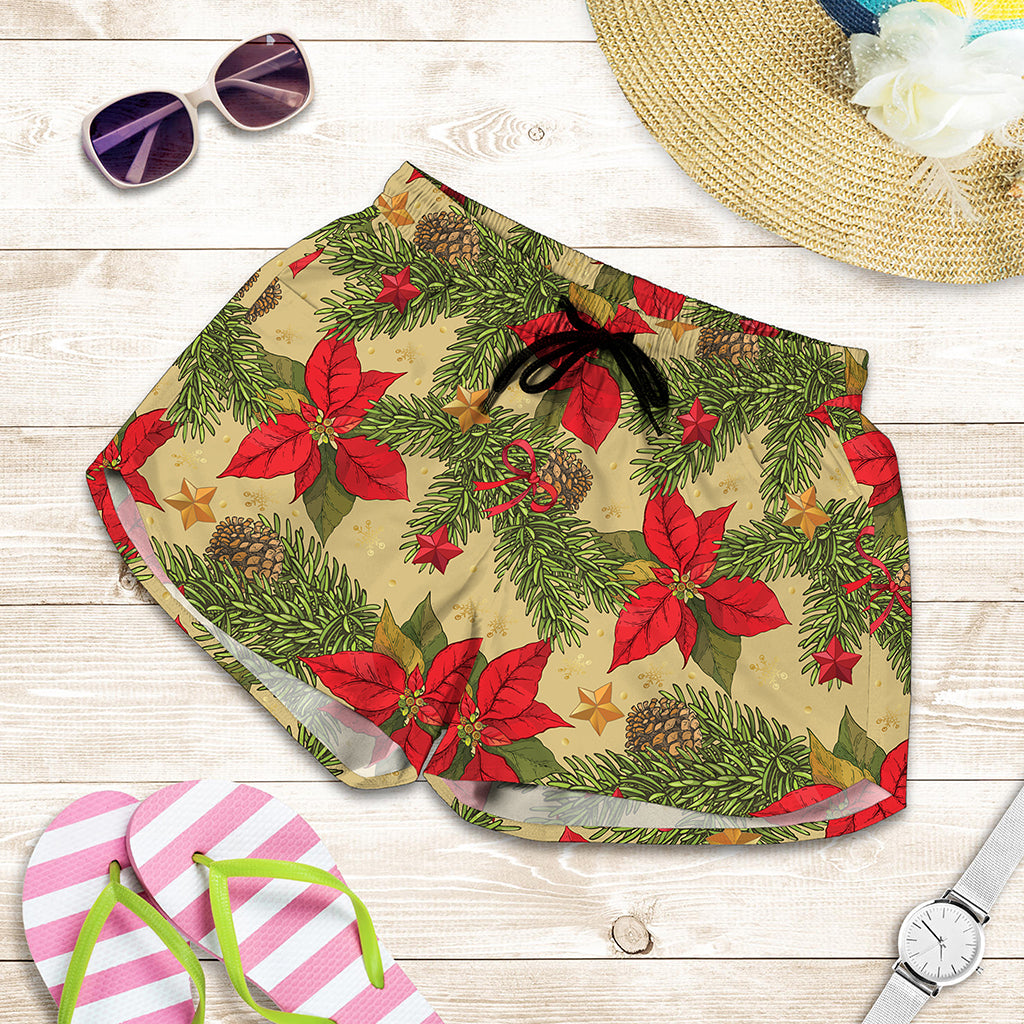 Vintage Christmas Poinsettia Print Women's Shorts