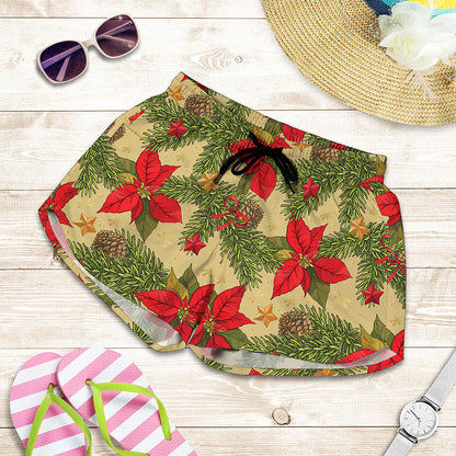 Vintage Christmas Poinsettia Print Women's Shorts
