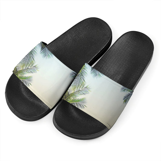 Vintage Coconut Tree Print Black Slide Sandals
