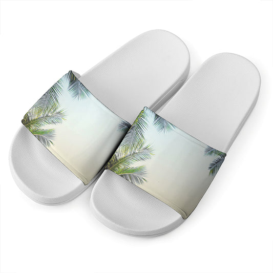 Vintage Coconut Tree Print White Slide Sandals
