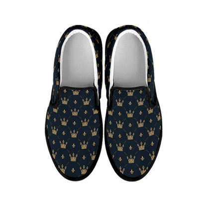 Vintage Crown Pattern Print Black Slip On Shoes