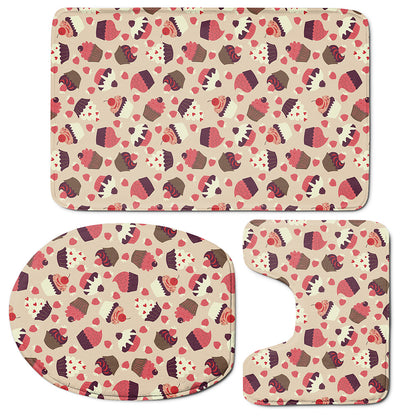 Vintage Cupcake Pattern Print 3 Piece Bath Mat Set