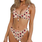 Vintage Cupcake Pattern Print Front Bow Tie Bikini