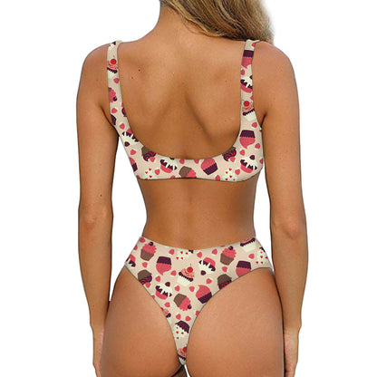Vintage Cupcake Pattern Print Front Bow Tie Bikini