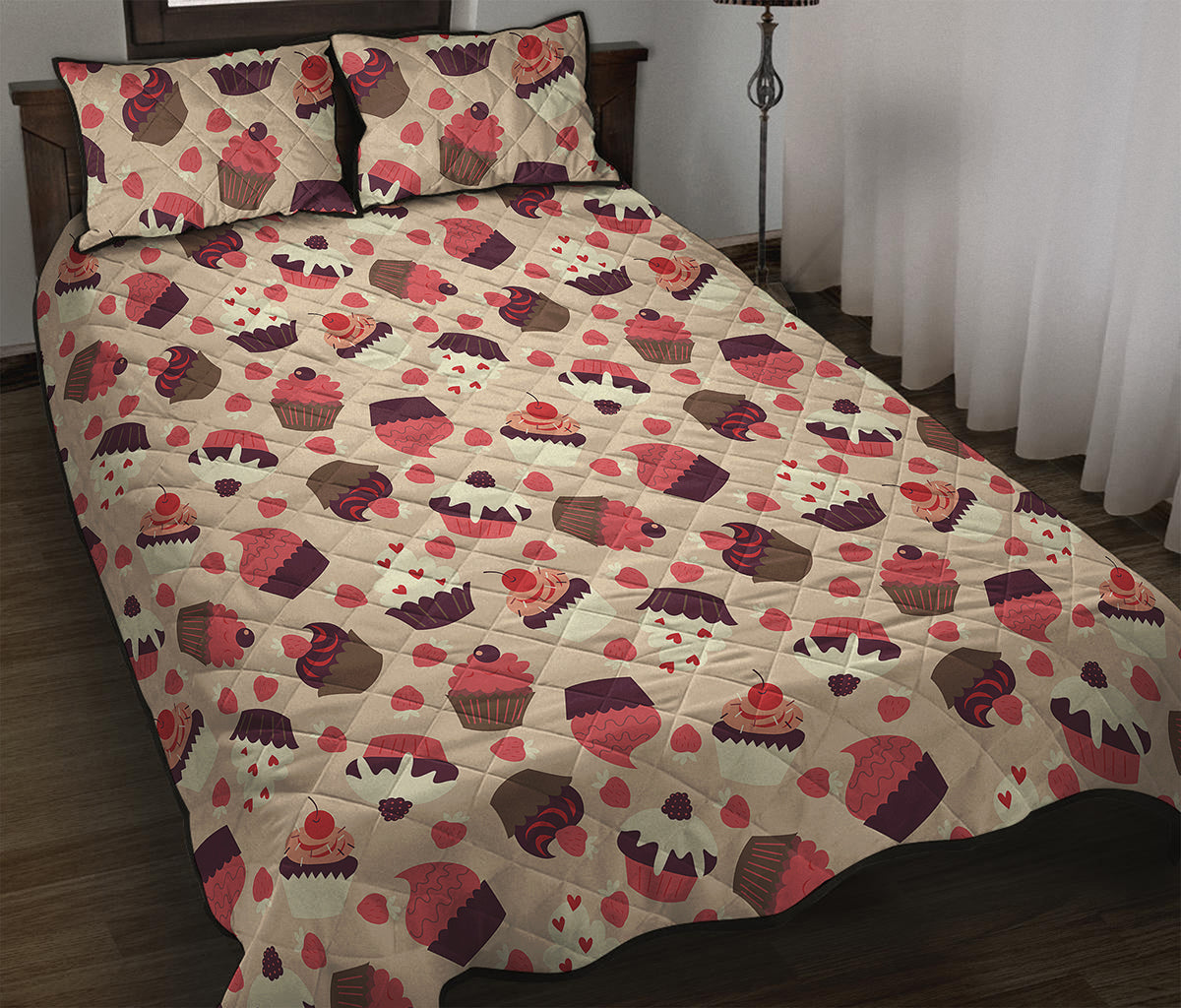 Vintage Cupcake Pattern Print Quilt Bed Set