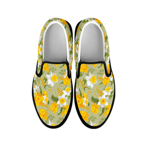 Vintage Daffodil Flower Pattern Print Black Slip On Shoes