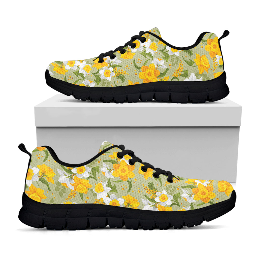 Vintage Daffodil Flower Pattern Print Black Sneakers