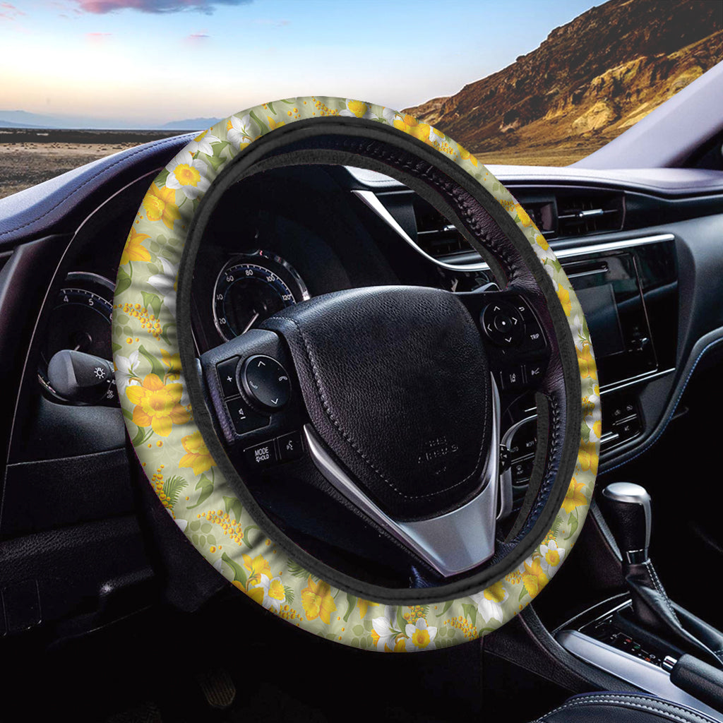 Vintage Daffodil Flower Pattern Print Car Steering Wheel Cover