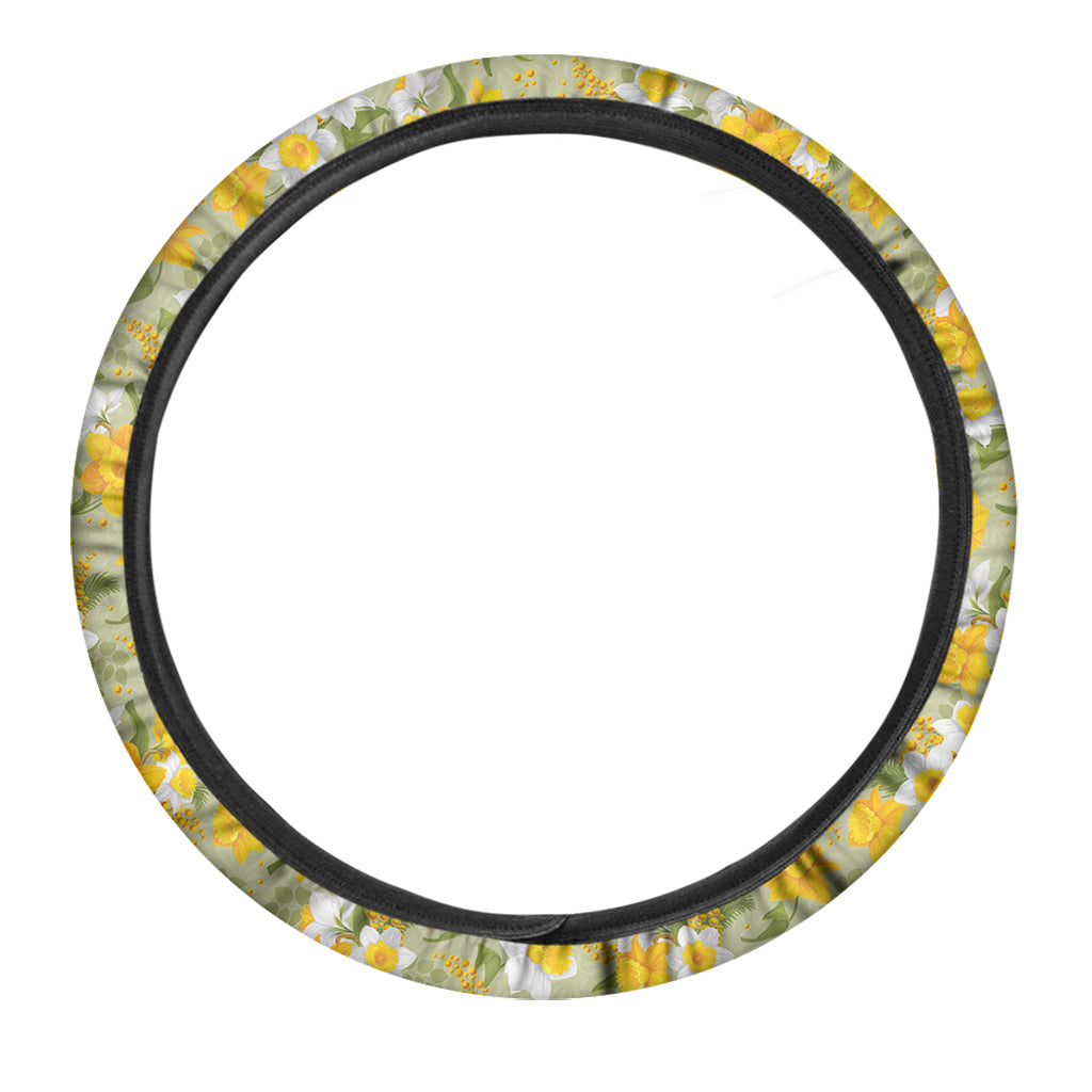 Vintage Daffodil Flower Pattern Print Car Steering Wheel Cover