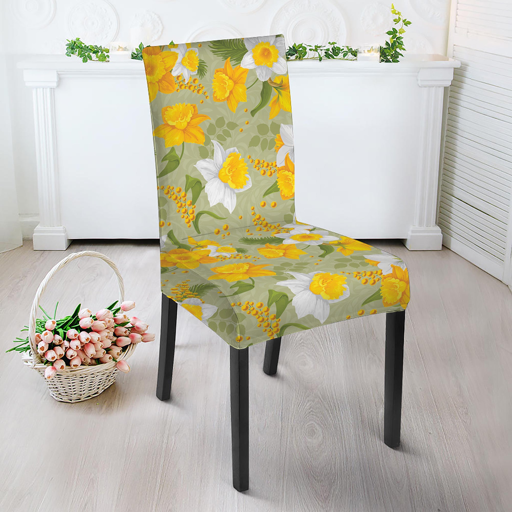 Vintage Daffodil Flower Pattern Print Dining Chair Slipcover